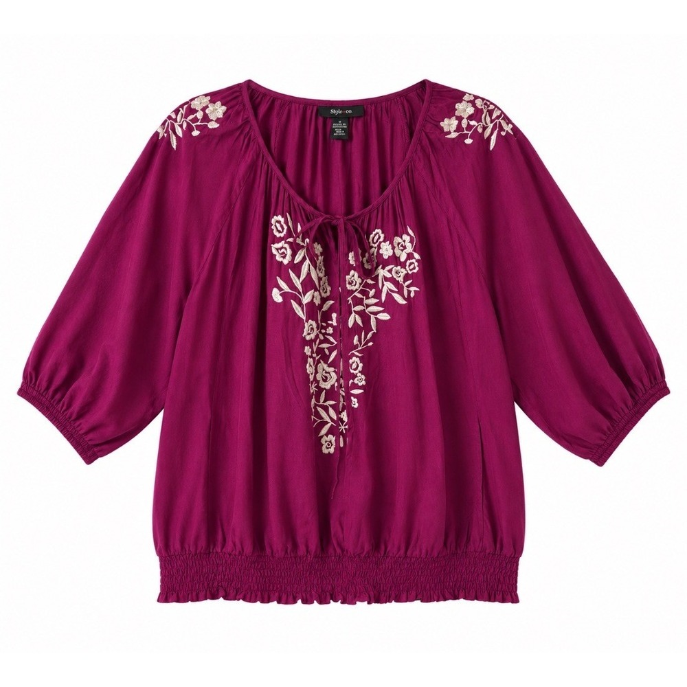 Style Co Womens Boho Blouse Top Magenta Floral Embroidered Peasant Size L